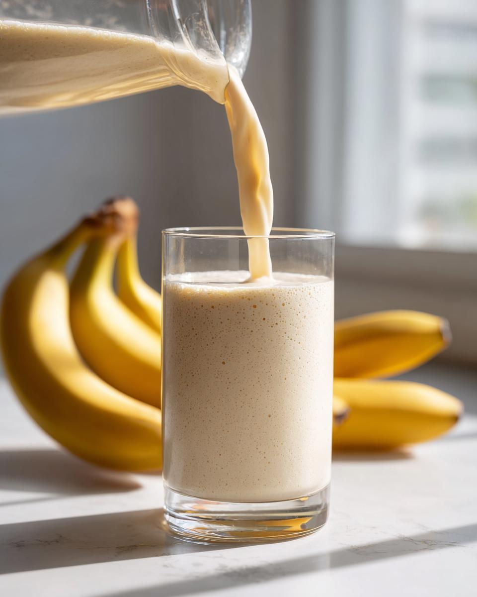 A thick, creamy banana smoothie is being poured from a pitcher into a tall glass, with fresh bananas blurred in the background.