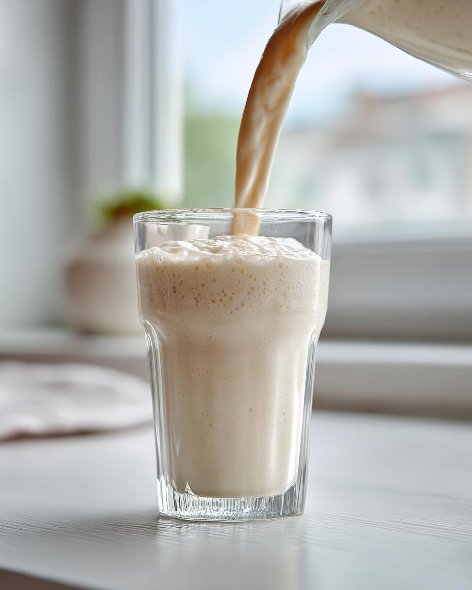 Close-up of a thick, creamy banana smoothie being poured from a pitcher into a tall glass.