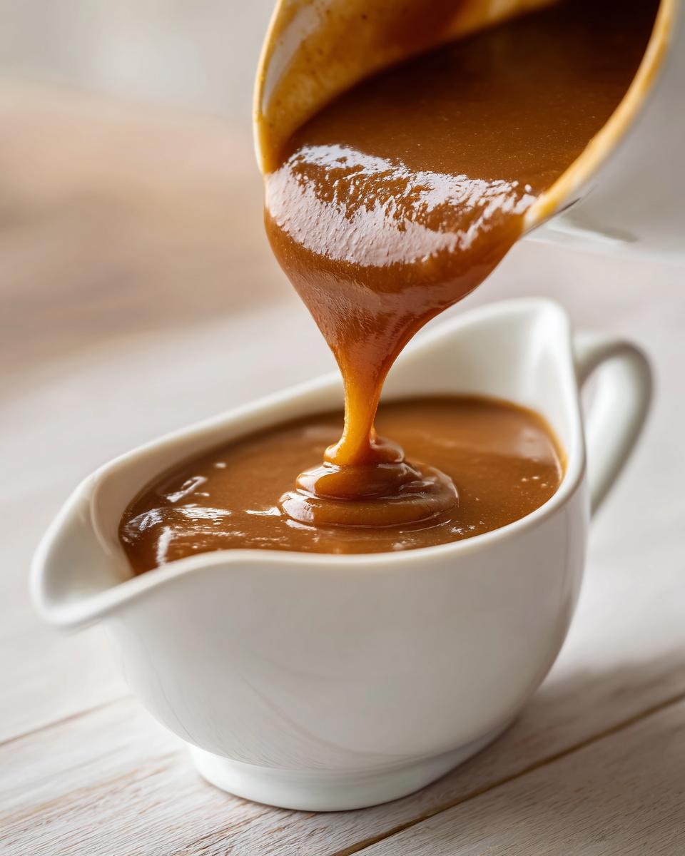 Close-up of rich, brown turkey gravy being poured from a ladle into a white ceramic gravy boat.