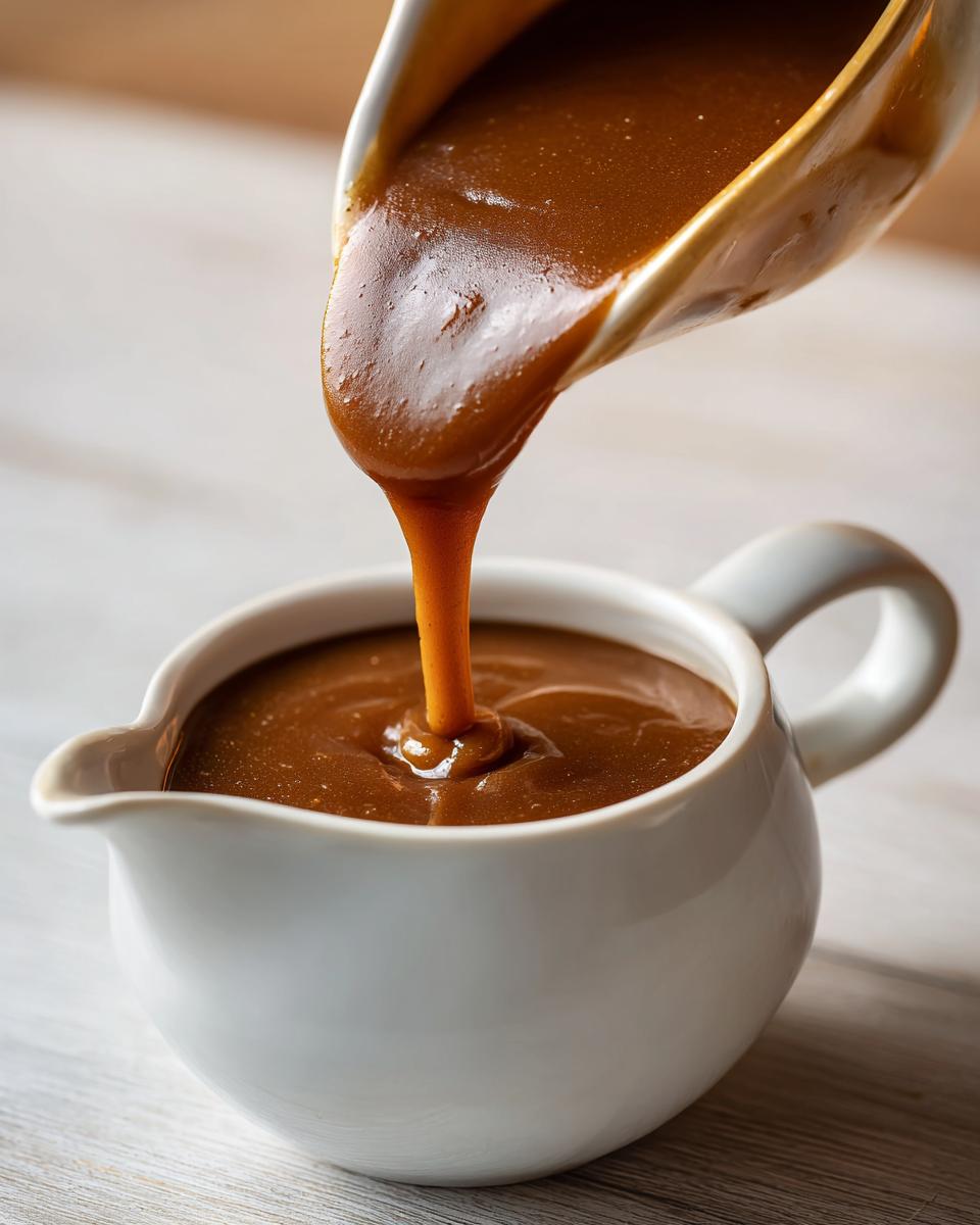 Thick, rich brown turkey gravy being poured from a ladle into a small white ceramic gravy boat.
