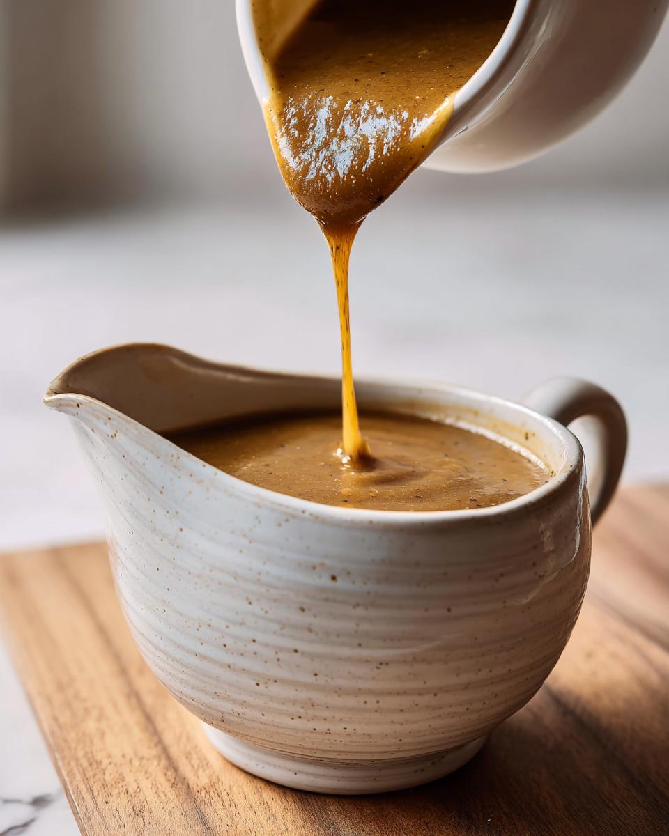 Thick, rich turkey gravy being poured from a white pitcher into a speckled ceramic gravy boat.