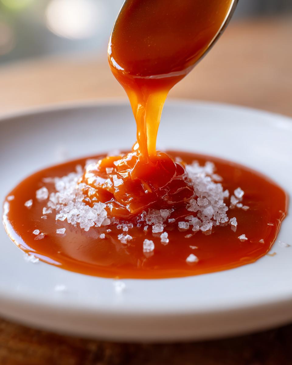 A spoonful of rich, amber caramel sauce is drizzled onto a pool of caramel topped with flaky sea salt.