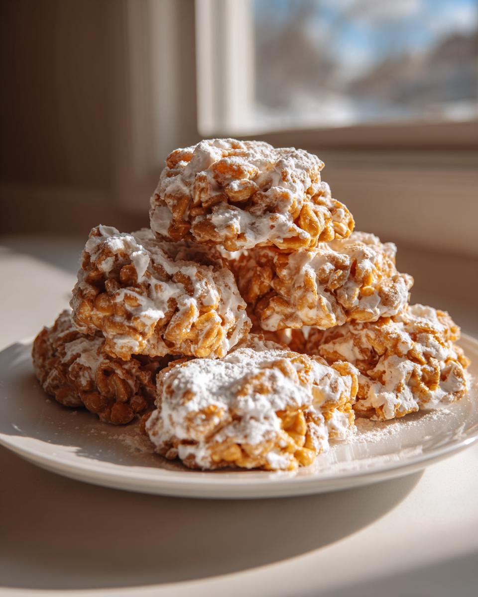 A stack of homemade avalanche cookies, coated heavily in powdered sugar, sitting on a white plate near a window.