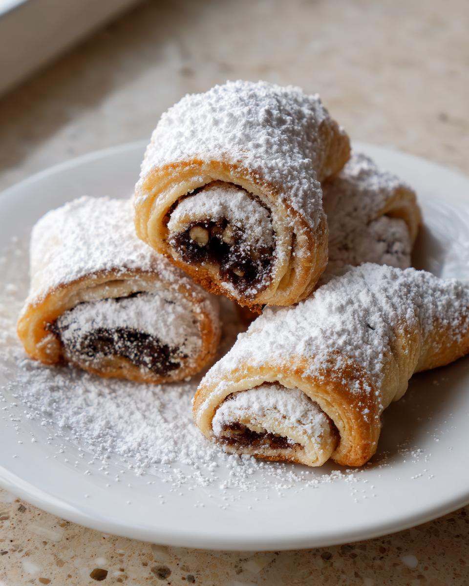 Three freshly baked Rugelach pastries dusted heavily with powdered sugar, showing a dark, nutty filling.
