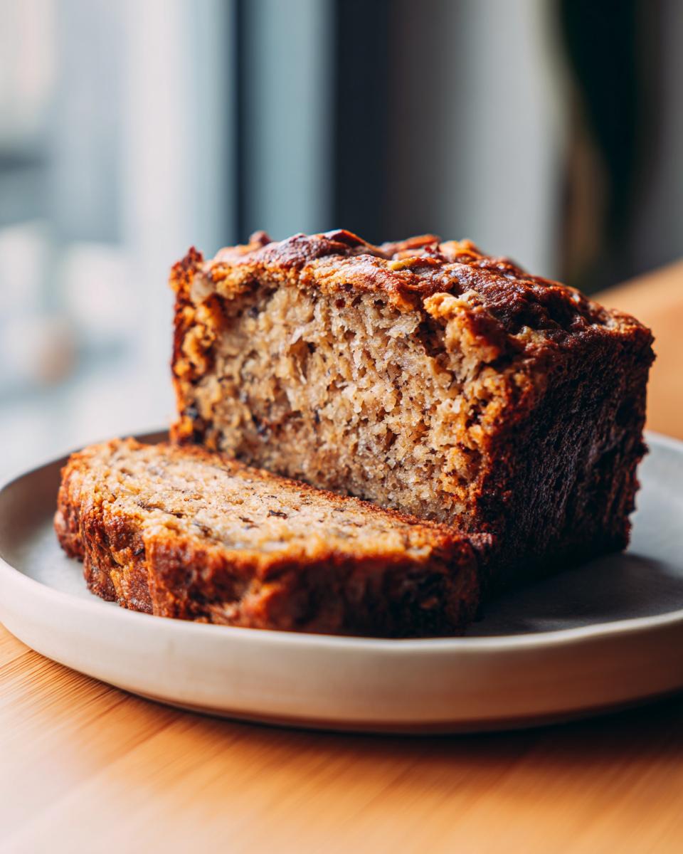Close-up of a thick slice and the end of a loaf of moist Protein banana bread on a light plate.