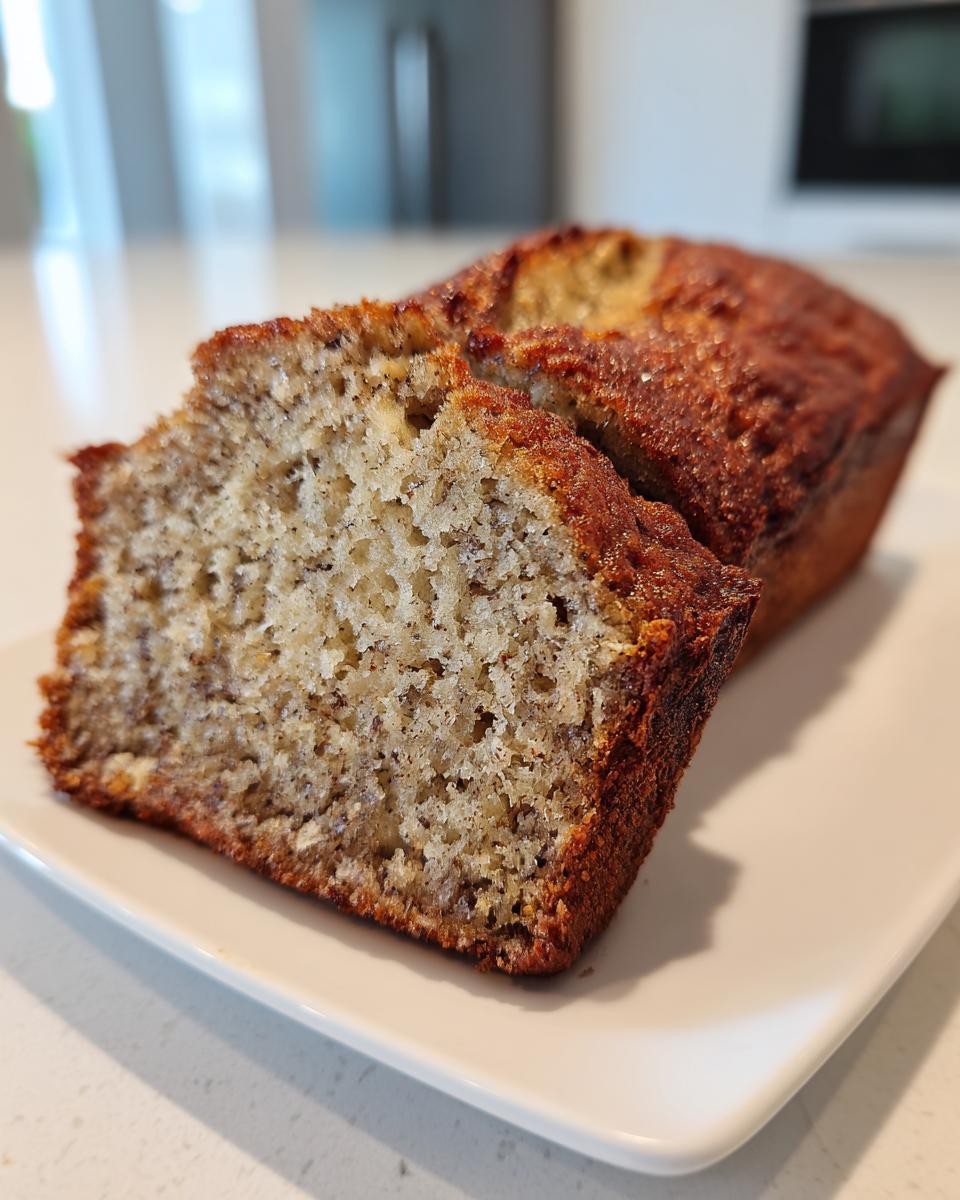 Close-up of a moist slice cut from a loaf of Protein banana bread, showing the dense, speckled crumb texture.