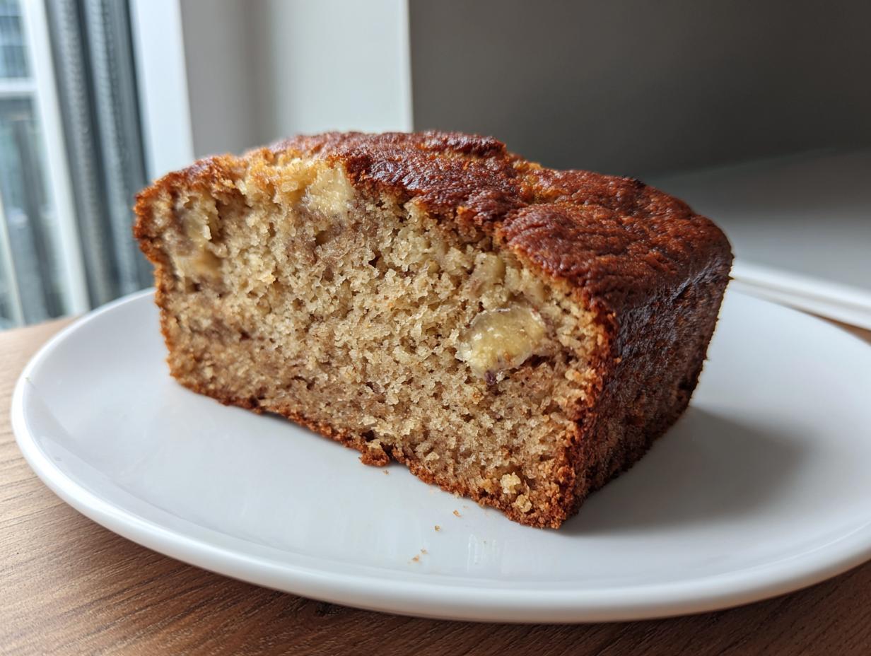 A thick, moist slice of protein banana bread with a dark, caramelized crust, served on a white plate.