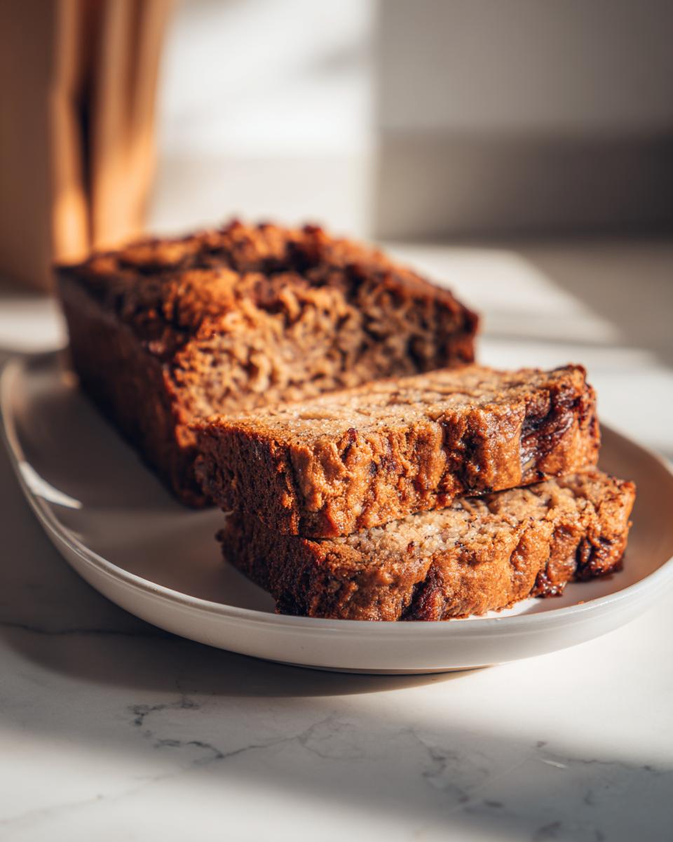 Two thick slices of moist Protein banana bread resting against the main loaf on a white plate.