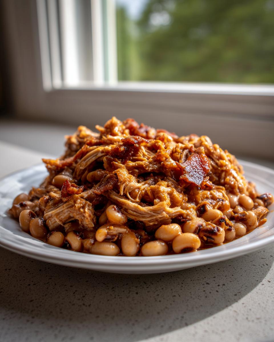 A plate piled high with saucy pulled pork mixed with tender black eyed peas and bacon pieces.