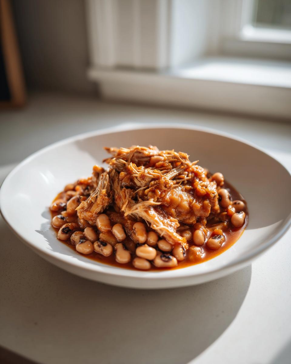 A white bowl filled with rich, saucy black eyed peas topped with shredded pulled pork.