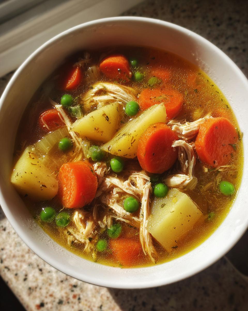 Overhead view of a white bowl filled with steaming chicken vegetable soup, featuring shredded chicken, carrots, potatoes, and peas.