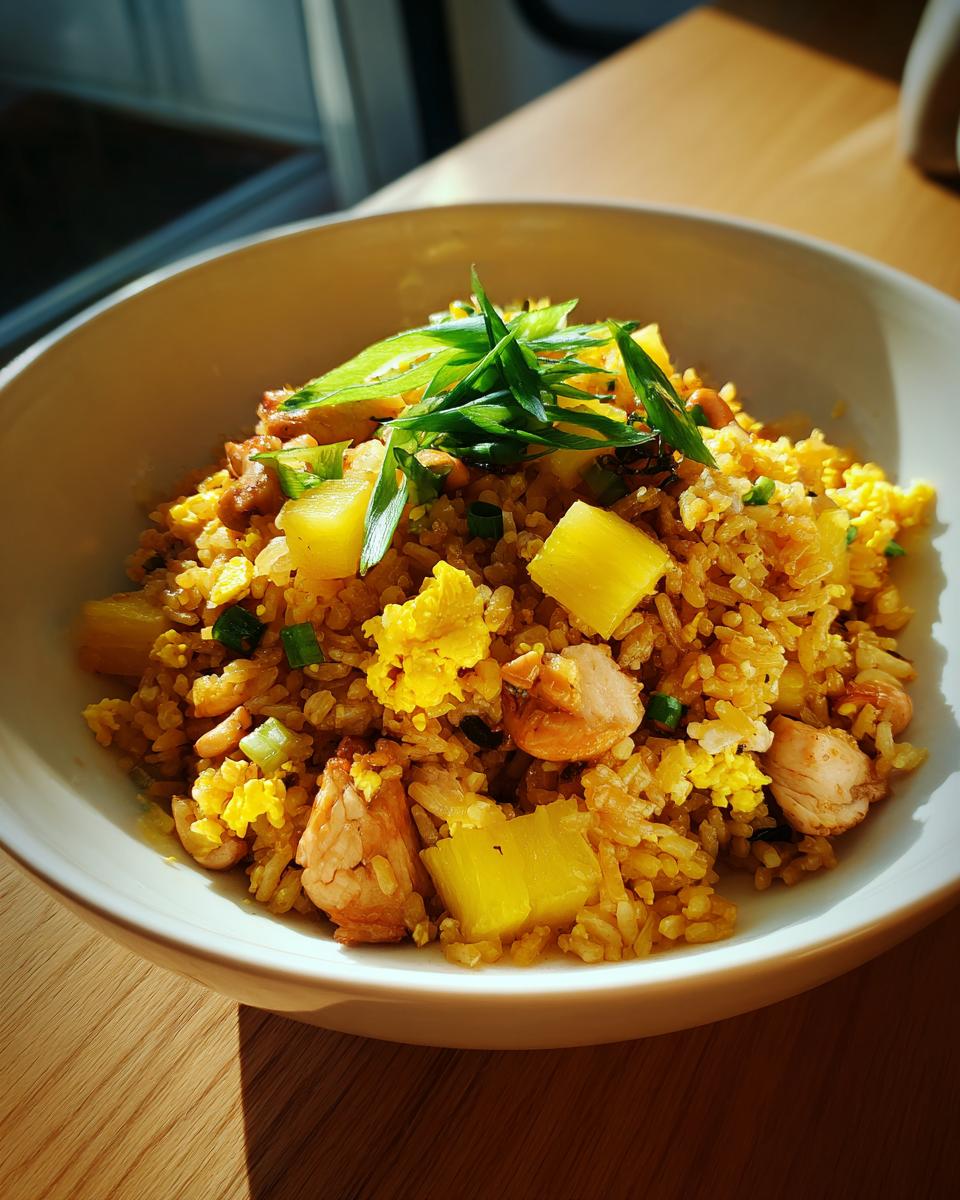 A close-up of vibrant pineapple fried rice with chunks of pineapple, egg, and chicken, garnished with green onions.
