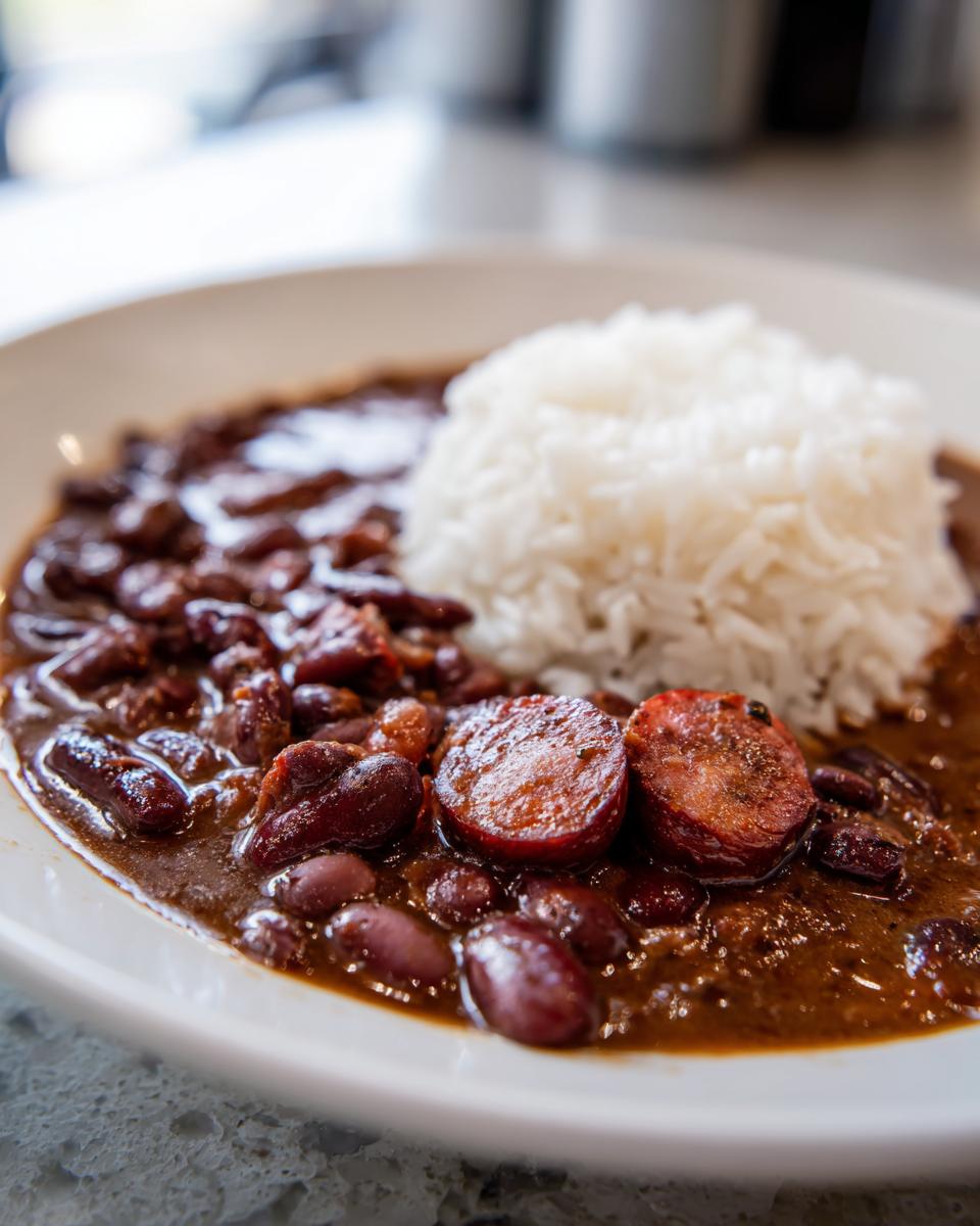 A close-up of rich red beans and rice served with slices of smoked sausage.
