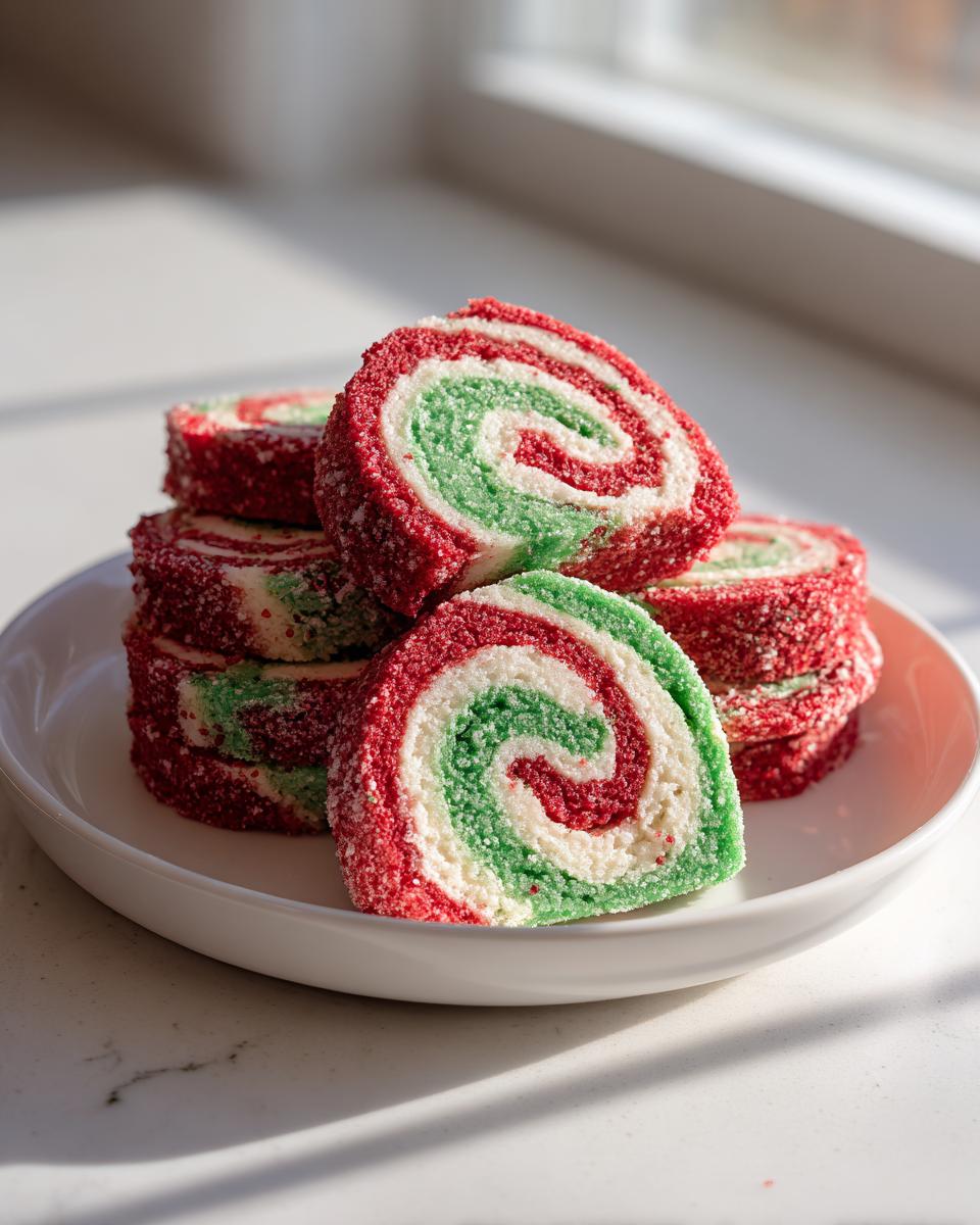 Close-up of stacked red, green, and white pinwheel cookies coated in sugar.