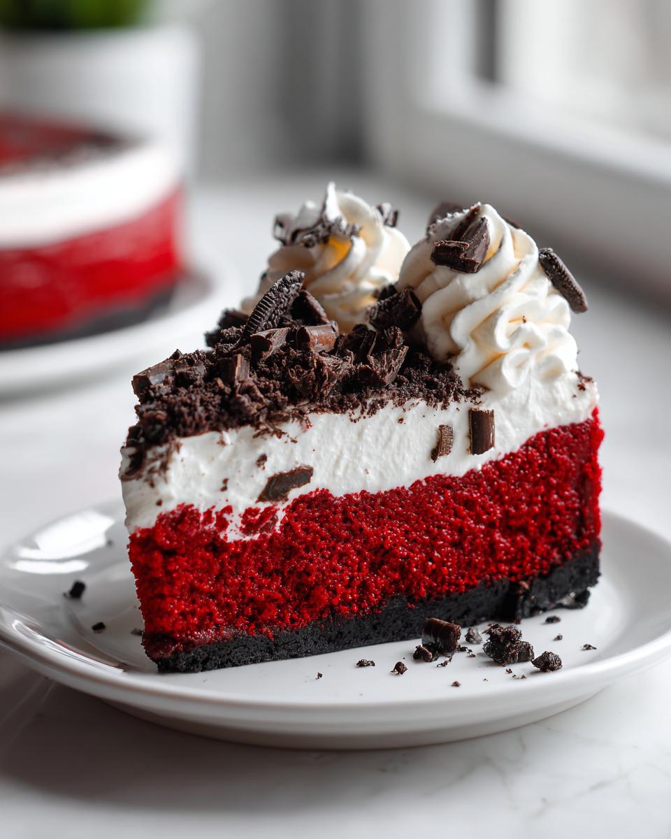 A decadent slice of red velvet cheesecake with a dark crust, topped with white cream, chocolate shavings, and cookie pieces.