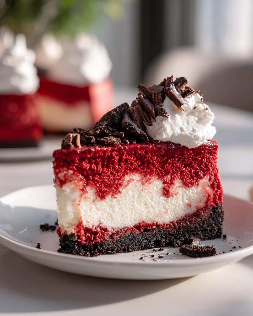 A decadent slice of red velvet cheesecake featuring a dark crust, white cream cheese layer, and red velvet top, garnished with whipped cream.