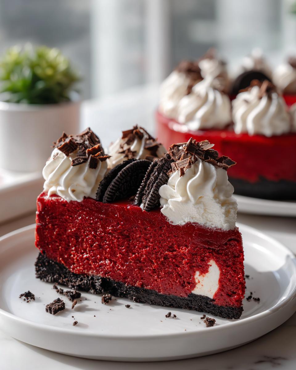 A decadent slice of bright red velvet cheesecake on a white plate, topped with whipped cream, chocolate shavings, and Oreo cookies.