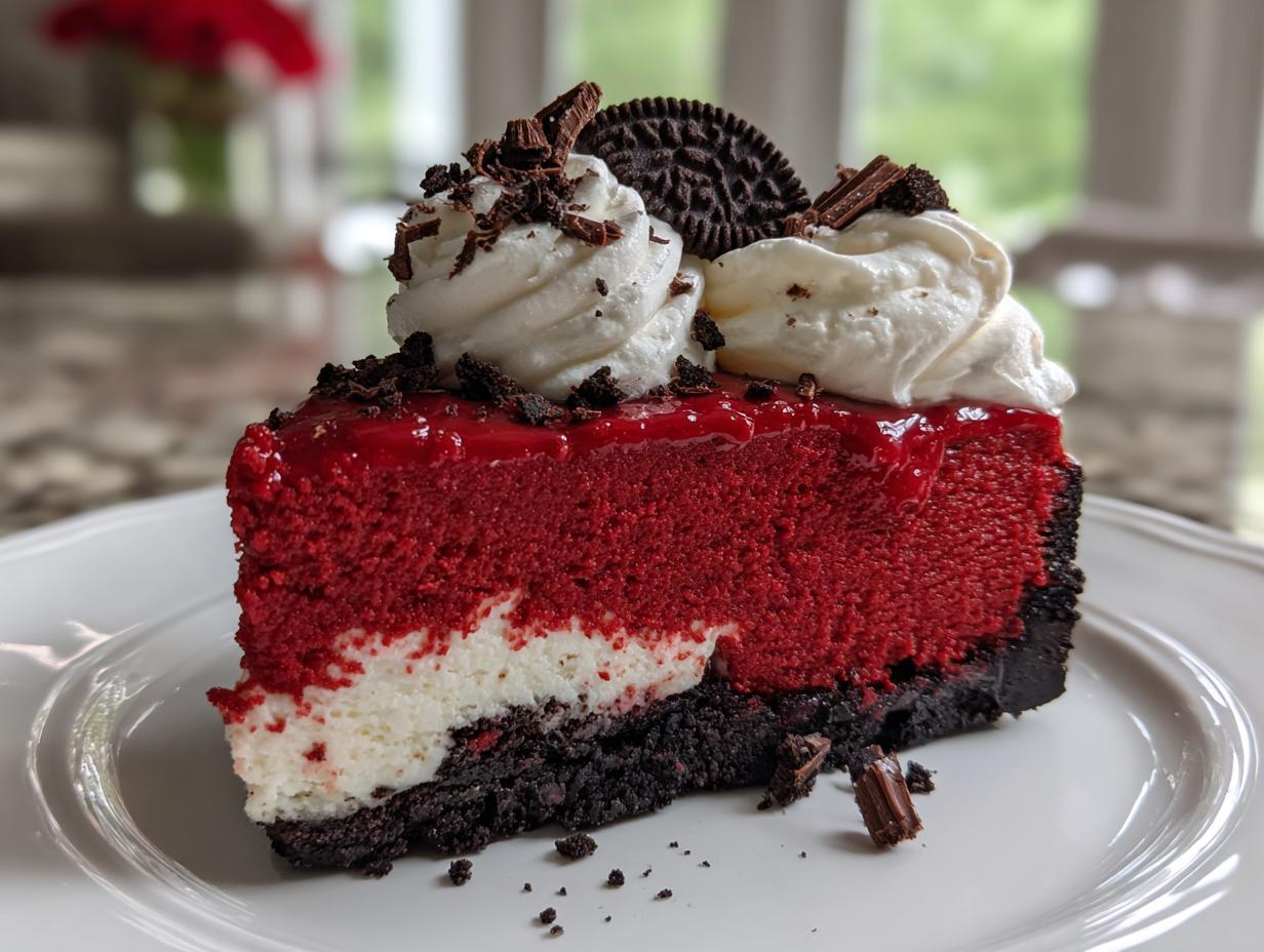 A decadent slice of red velvet cheesecake featuring a bright red layer, white cream cheese layer, and dark crust, topped with whipped cream.