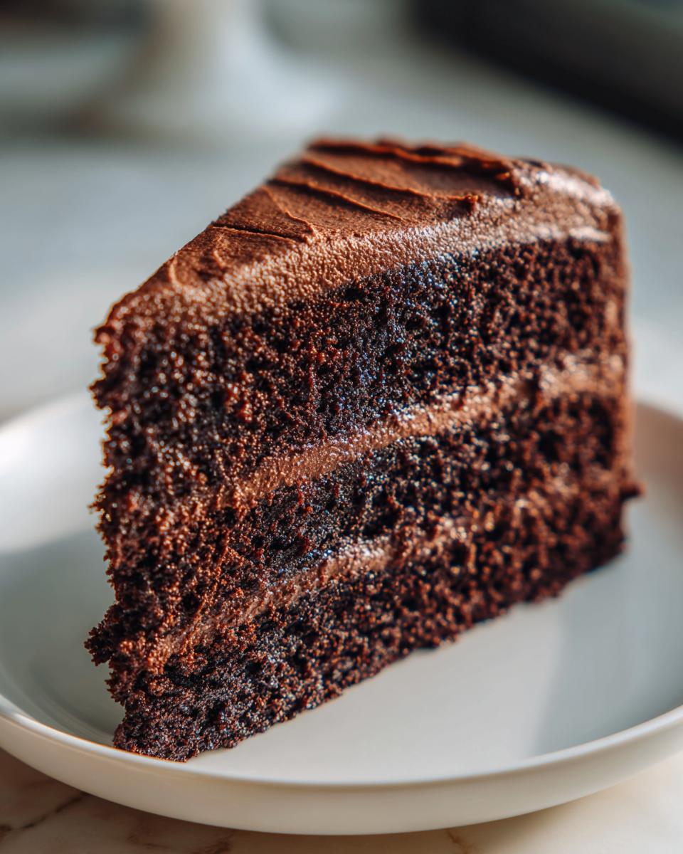 Close-up of a moist, dark chocolate slice of Capricorn cake with chocolate frosting.