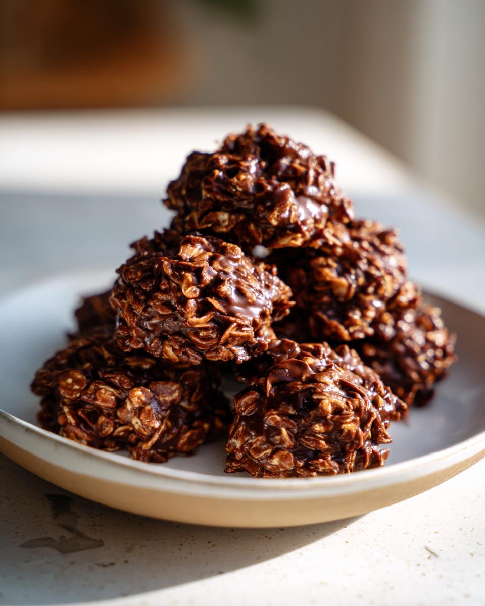 A close-up stack of rich, glossy chocolate no bake cookies made with oats, sitting on a light-colored plate.
