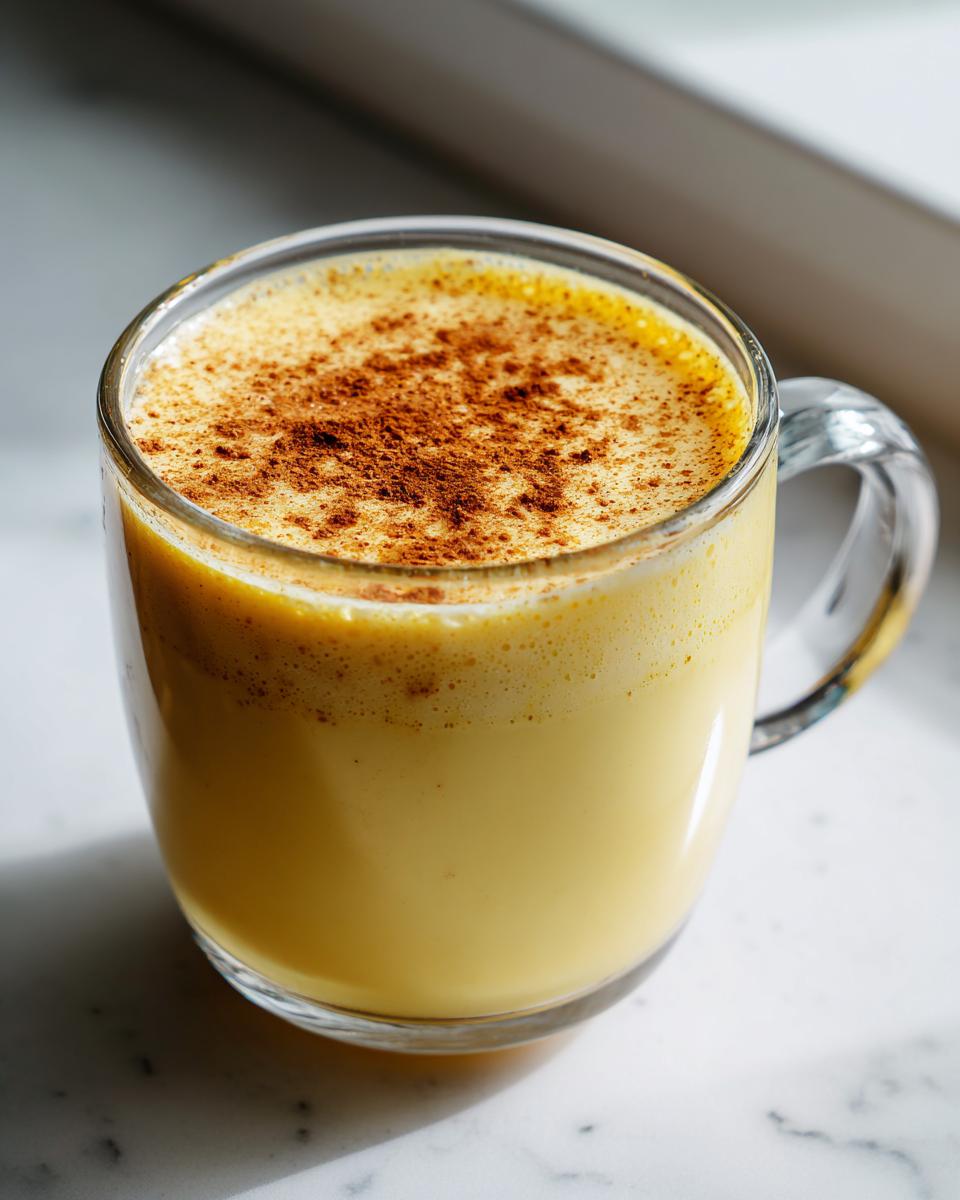 A close-up of rich, yellow homemade eggnog in a clear glass mug, topped with foamy froth and sprinkled cinnamon.