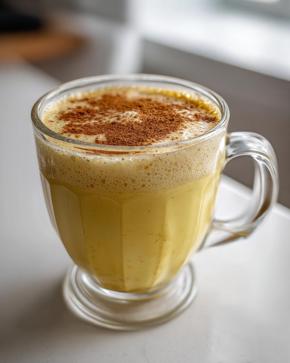 Close-up of a glass mug filled with rich, frothy homemade eggnog, topped with a dusting of cinnamon.