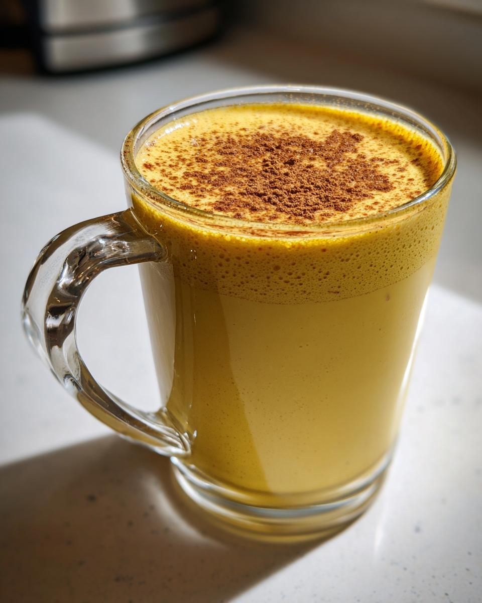 Close-up of a glass mug filled with rich, yellow homemade eggnog, topped with cinnamon.