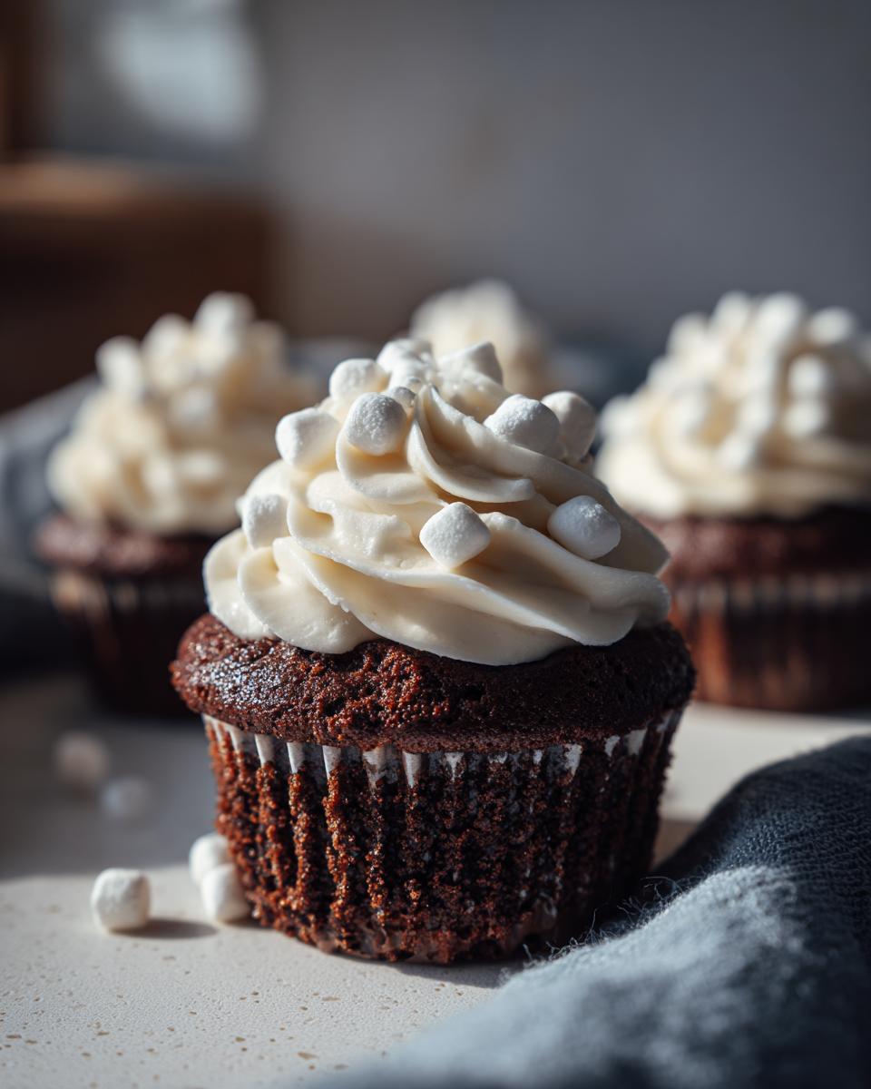 Close-up of a rich chocolate cupcake topped with white frosting and mini marshmallows, a perfect hot chocolate cupcakes treat.