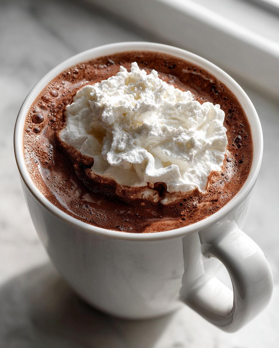 Close-up of a steaming mug of rich hot chocolate topped with a generous swirl of whipped cream.