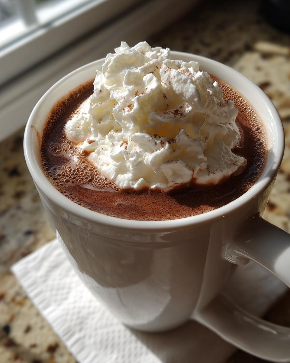 Close-up of a mug filled with rich hot chocolate topped generously with whipped cream and a sprinkle of cinnamon.
