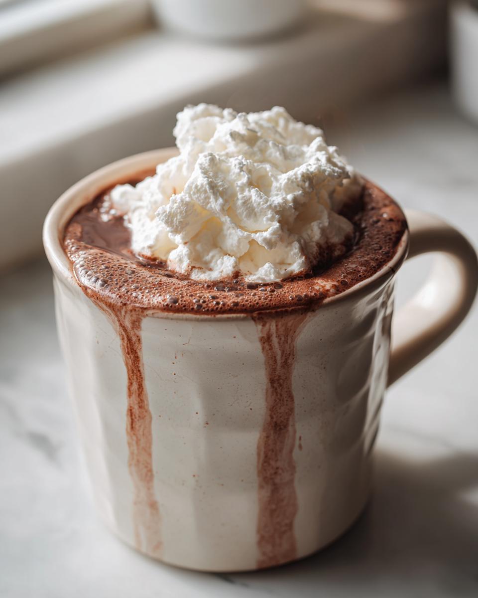 Close-up of a creamy, rich hot chocolate topped with a generous swirl of whipped cream in a ceramic mug.