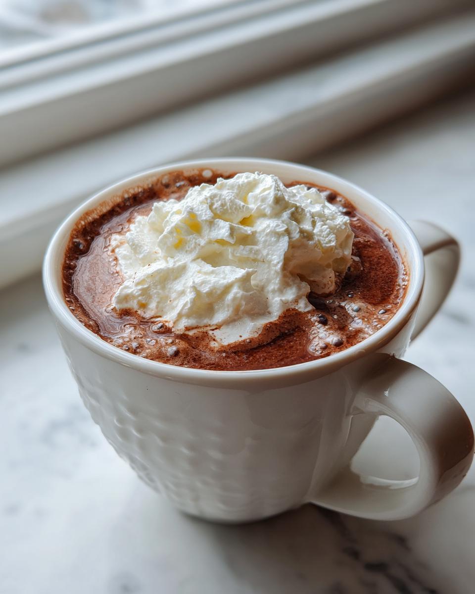 Close-up of a steaming mug of rich hot chocolate topped with a generous dollop of whipped cream.