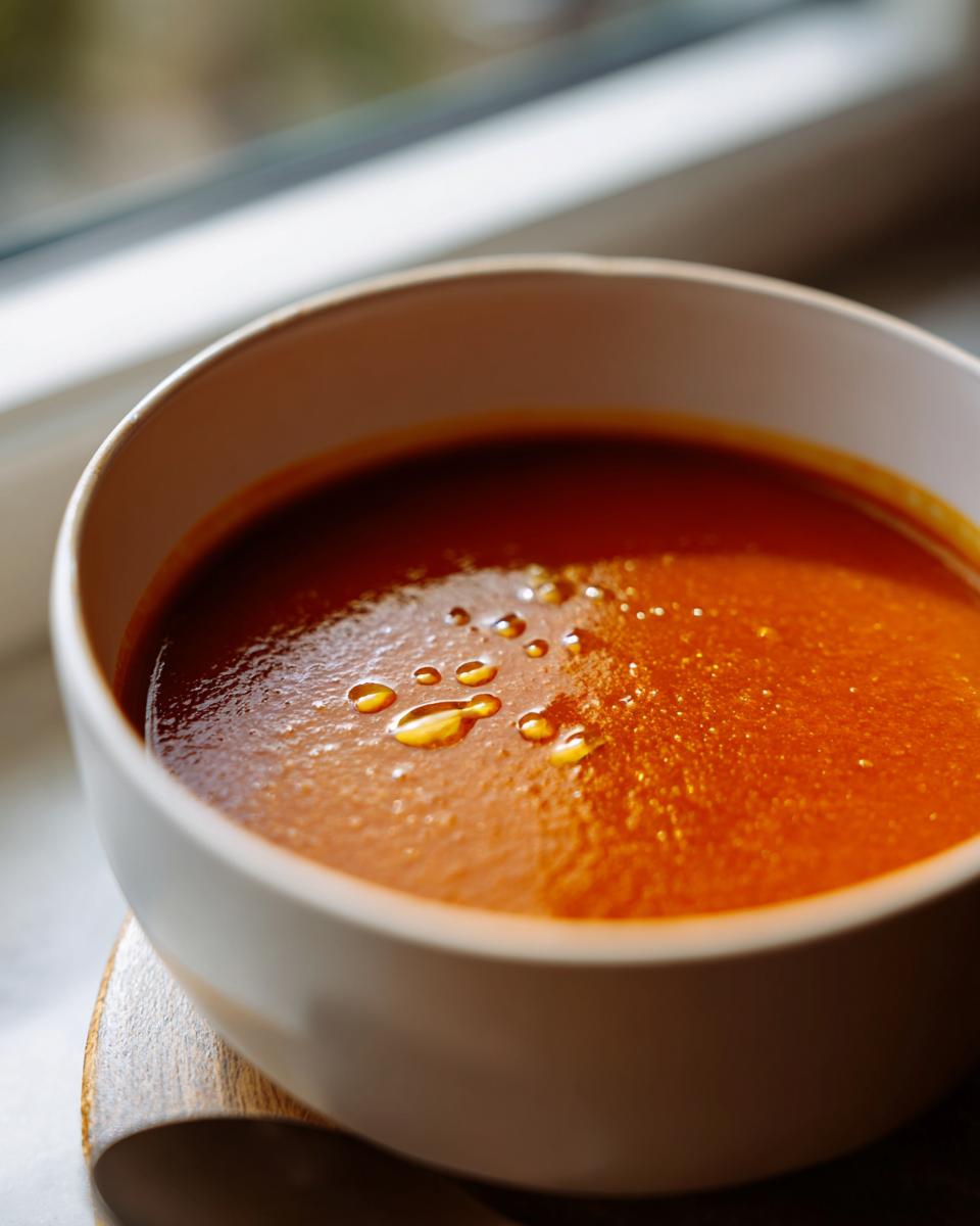 Close-up of rich, vibrant orange roasted tomato soup topped with small droplets of oil, served in a light-colored bowl.