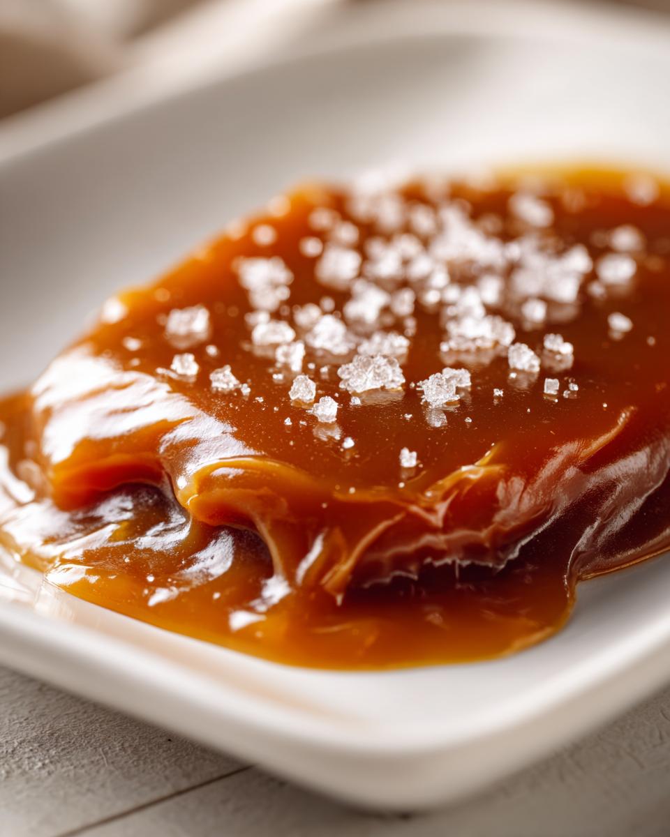 Close-up of thick, glossy caramel sauce topped with flaky sea salt crystals.