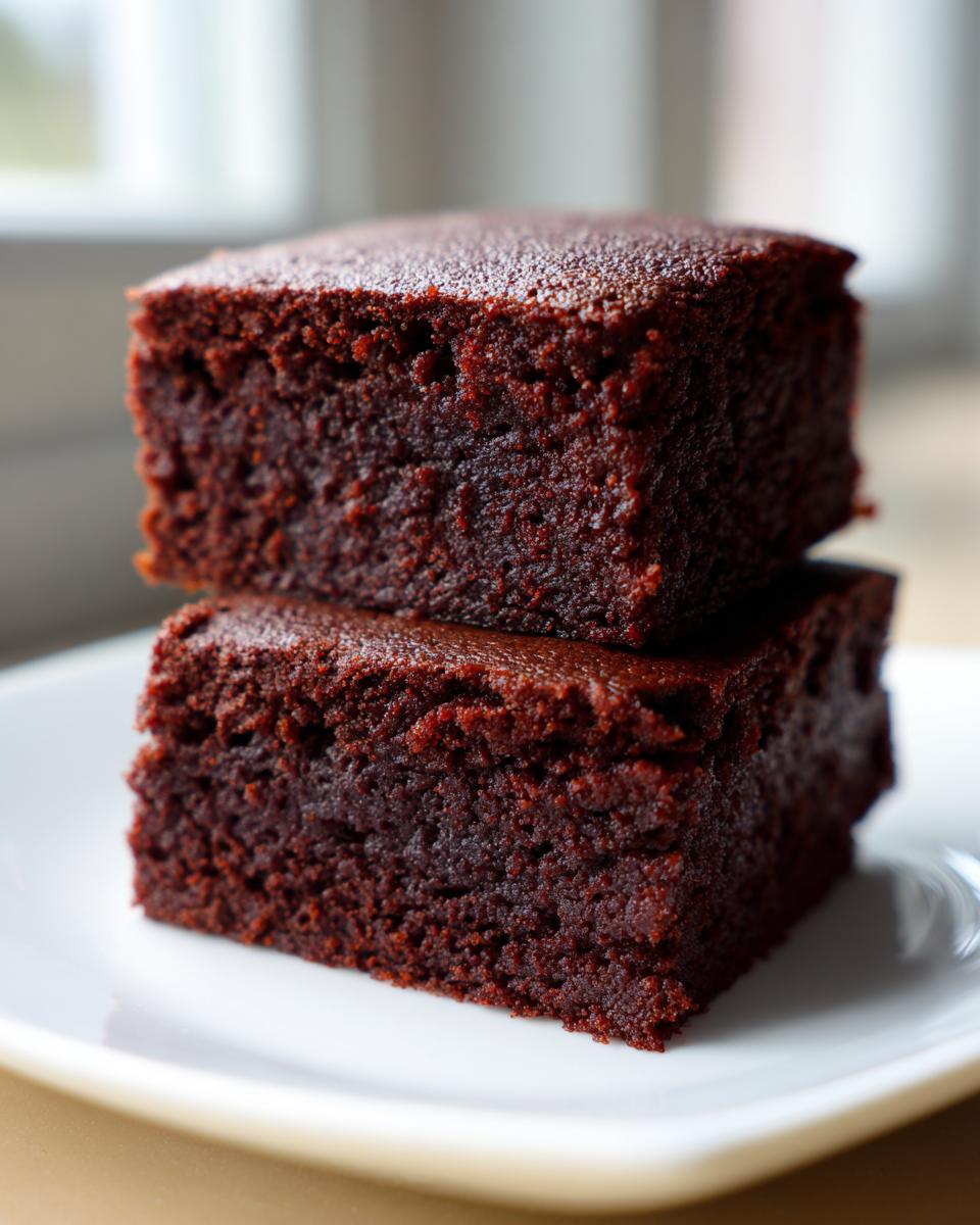 Close-up of two fudgy, dark brown sweet potato brownies stacked on a white plate.