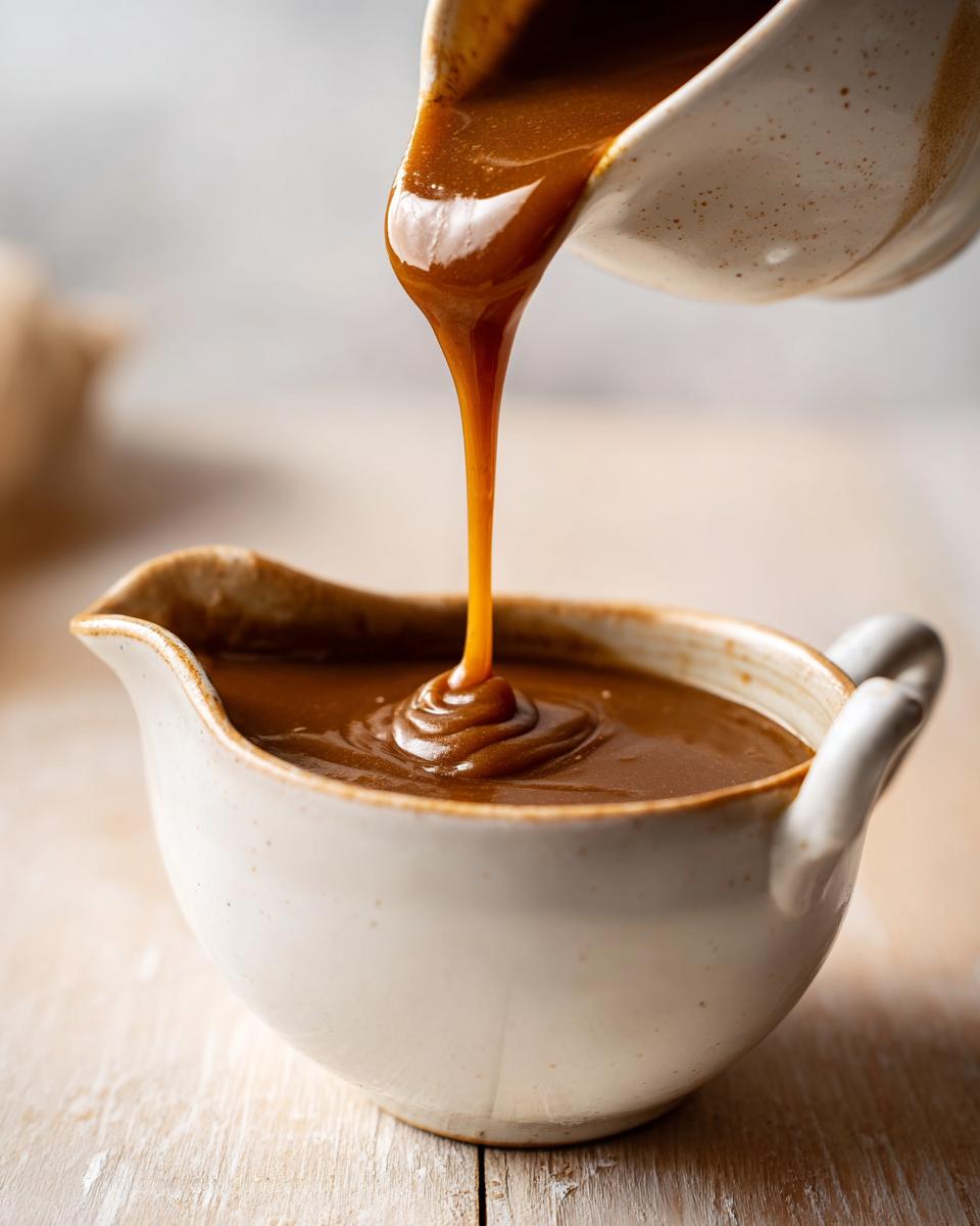 Thick, rich turkey gravy being poured from a small pitcher into a ceramic gravy boat.