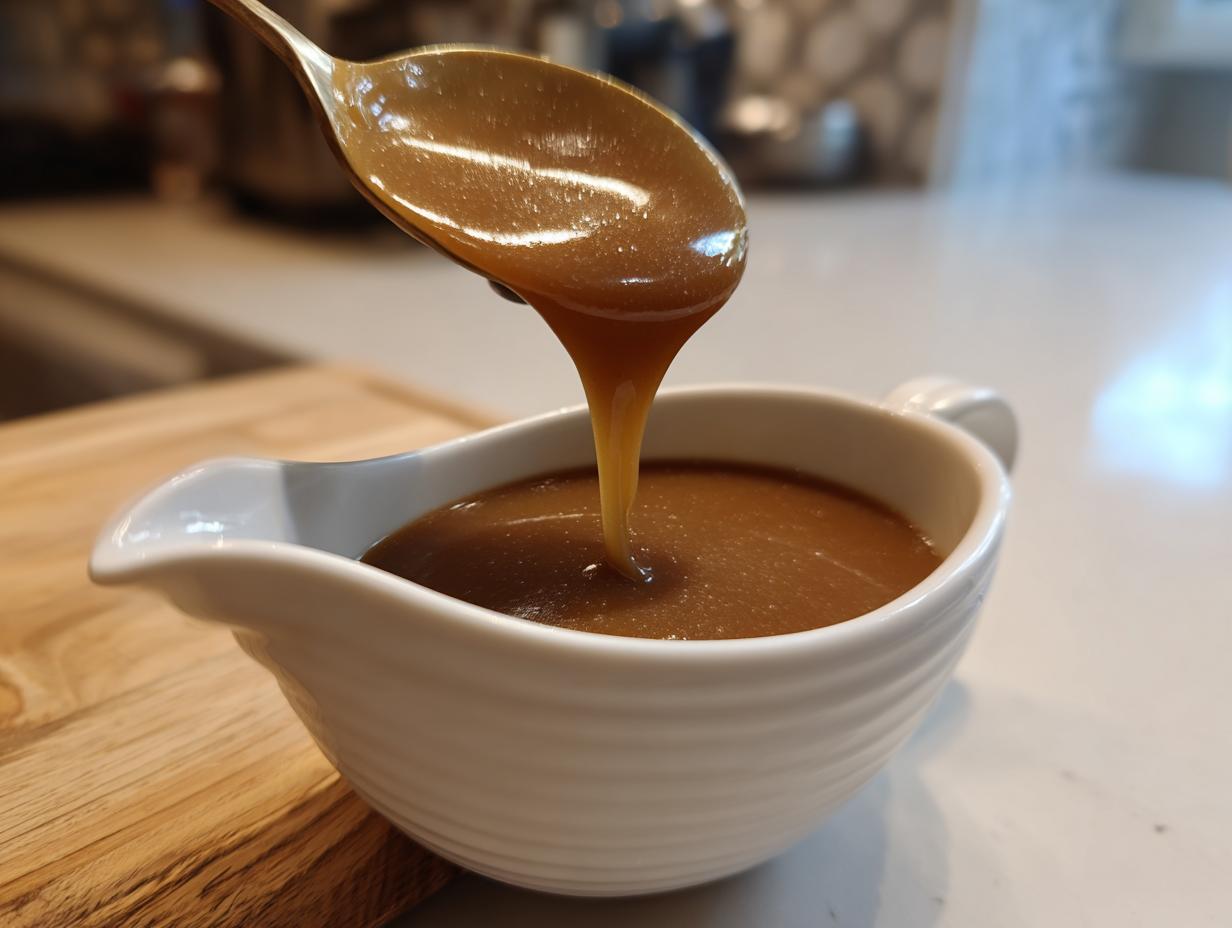 A spoonful of rich, glossy turkey gravy is dripping back into a white ceramic gravy boat.