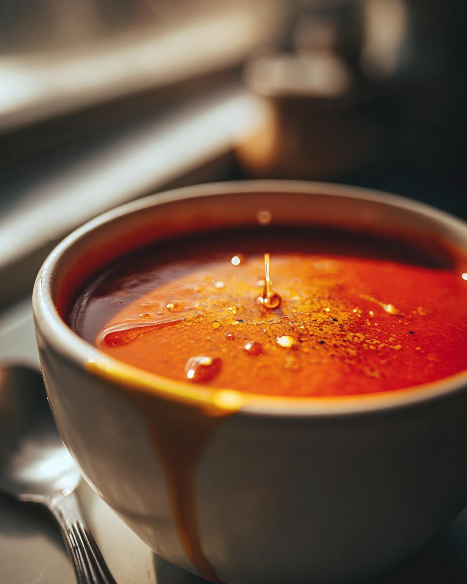 Close-up of rich, vibrant roasted tomato soup with oil drizzling onto the surface, creating droplets.