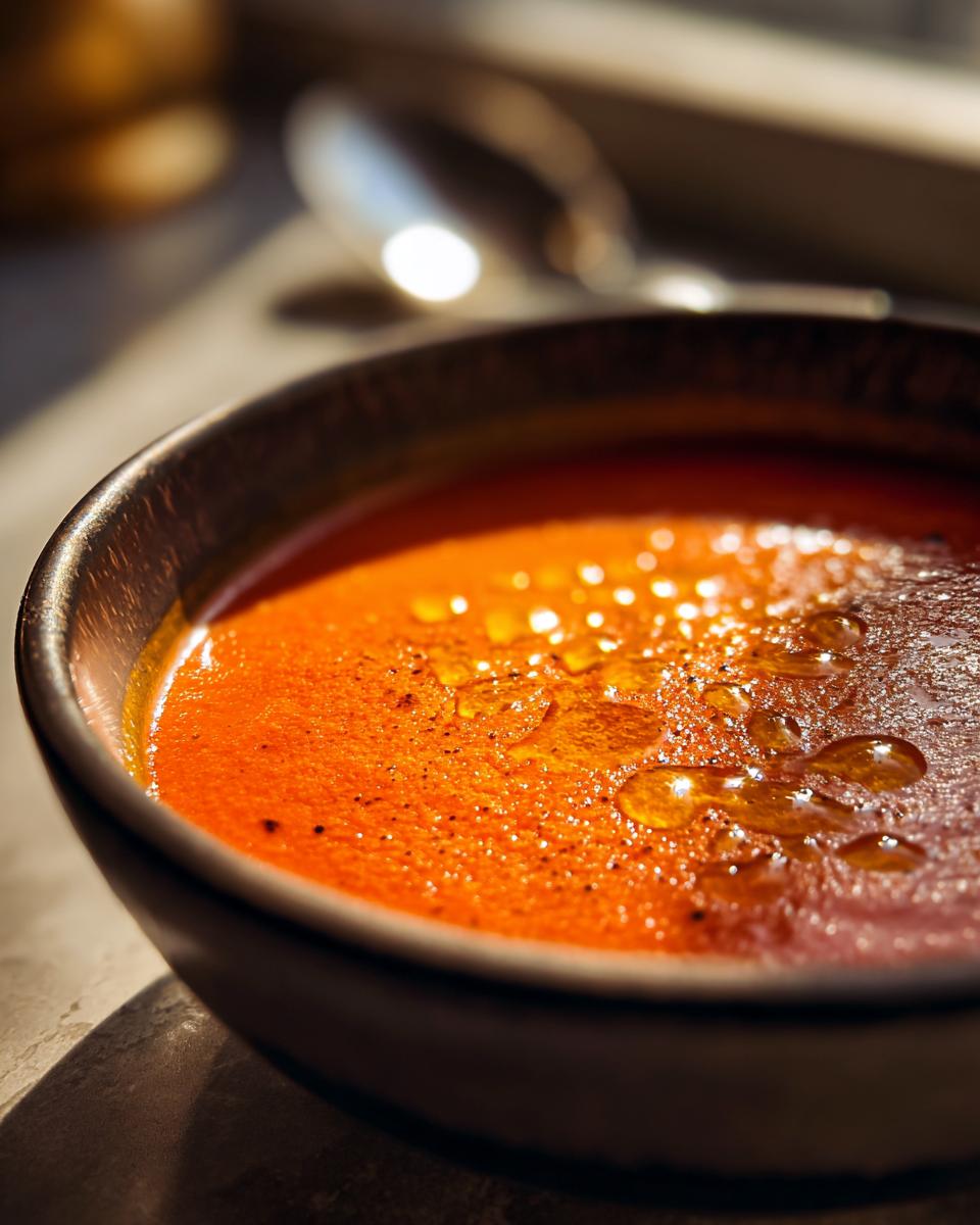 Close-up of vibrant orange roasted tomato soup topped with glistening olive oil droplets in a dark bowl.