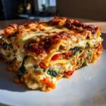 A close-up, appetizing slice of roasted vegetable lasagna showing layers of pasta, spinach, and red peppers under bubbly, browned cheese.