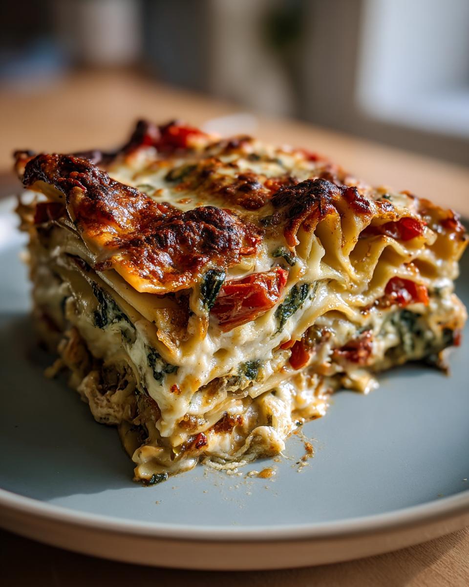 Close-up of a thick slice of roasted vegetable lasagna showing layers of pasta, creamy sauce, and browned, crispy cheese topping.