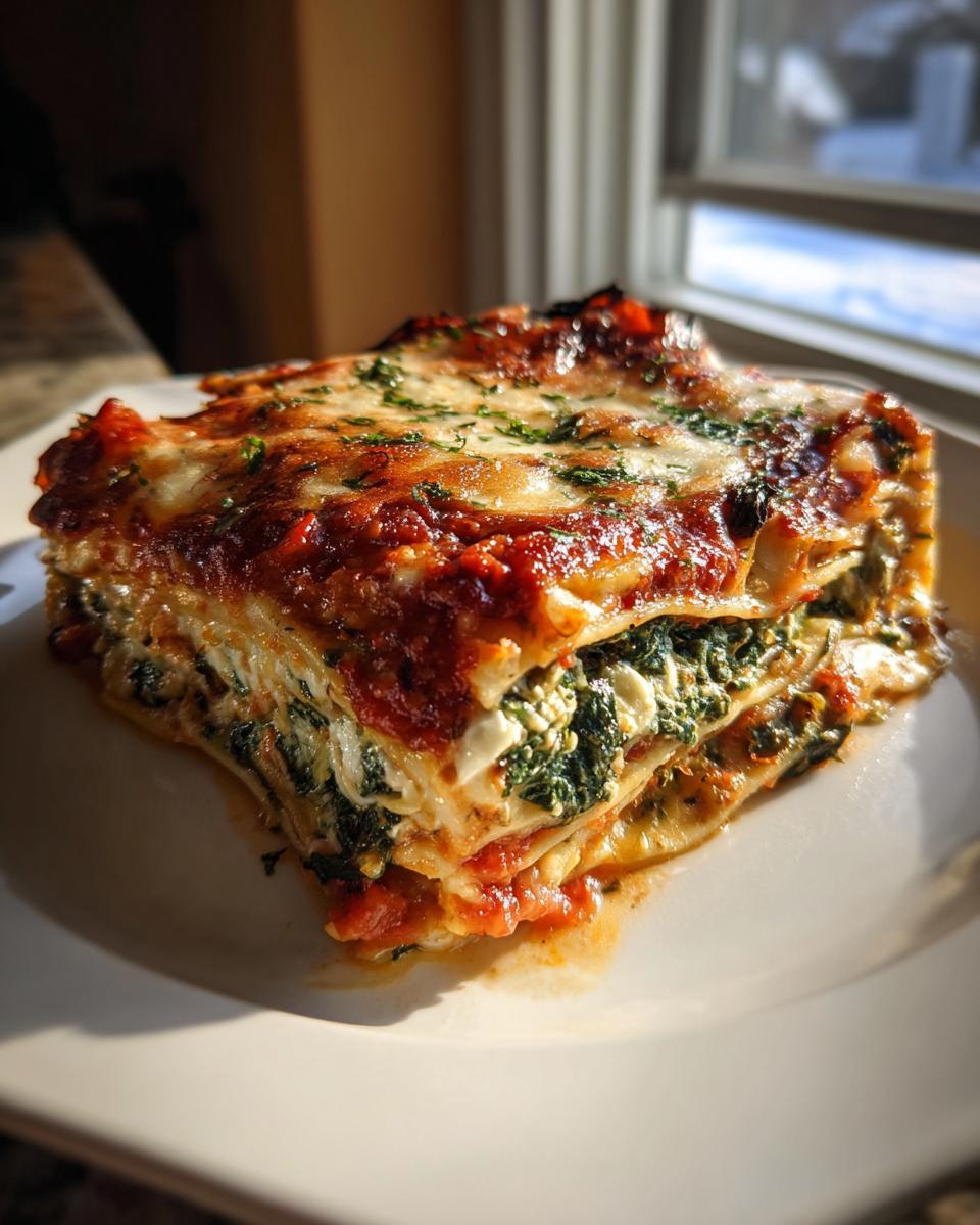 A thick, layered slice of roasted vegetable lasagna topped with melted cheese and parsley.