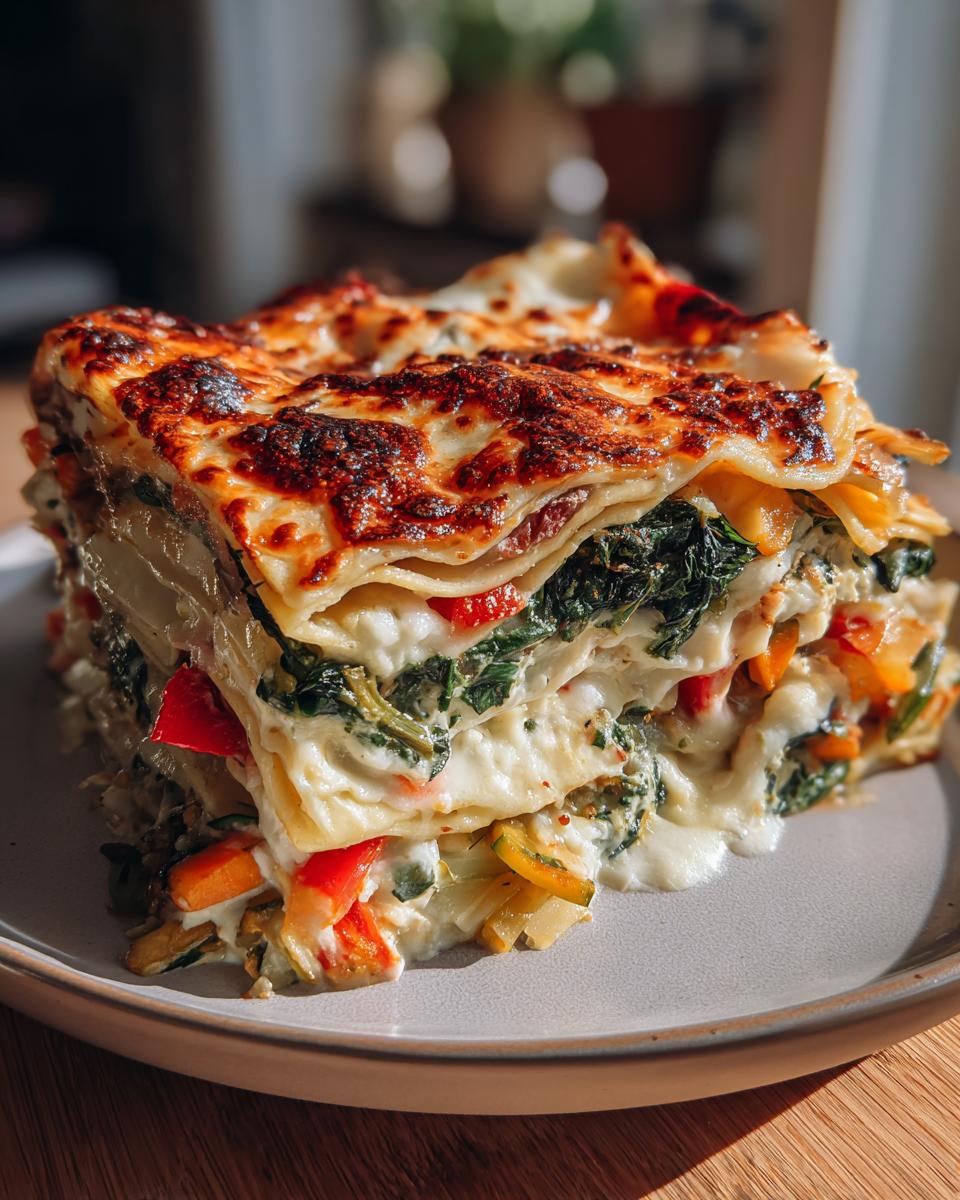 A thick, layered slice of roasted vegetable lasagna featuring spinach, peppers, and creamy white sauce, with a beautifully browned cheese top.