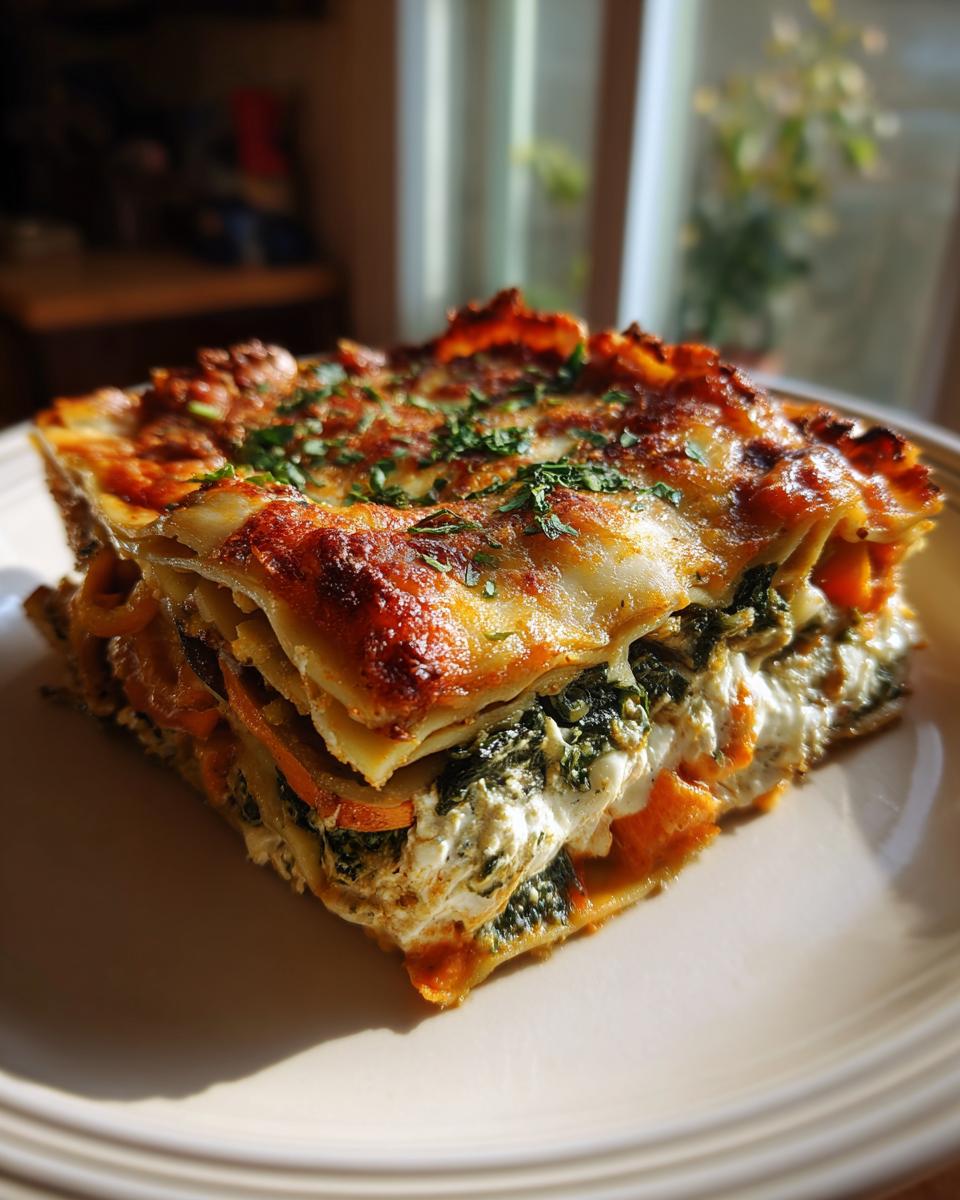 A thick, golden-brown slice of roasted vegetable lasagna featuring layers of spinach, ricotta, and orange roasted vegetables.