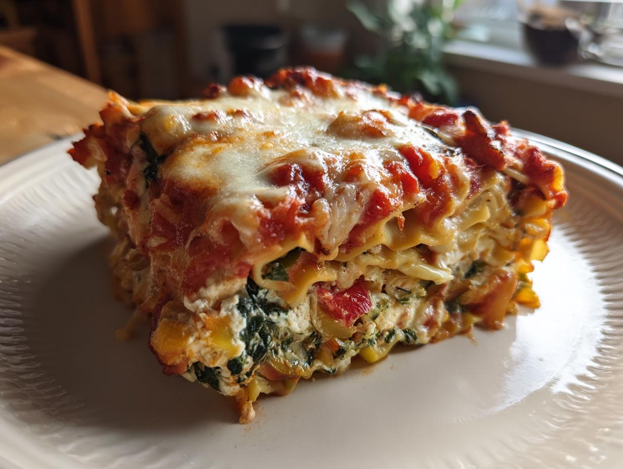 A close-up, hearty slice of roasted vegetable lasagna with layers of pasta, ricotta, spinach, and melted cheese topping.