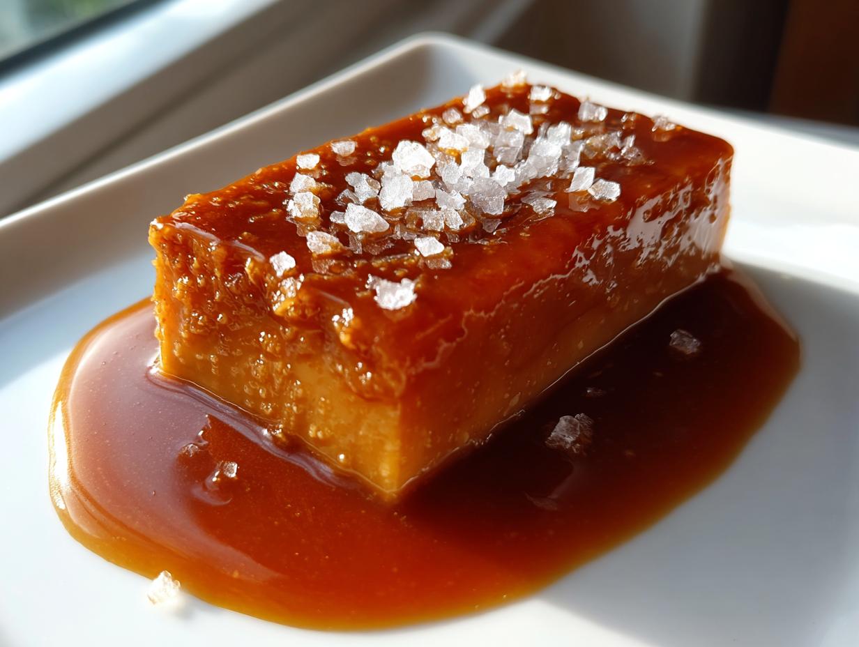 A rich, square slice of dessert drenched in glossy caramel sauce and topped with flaky sea salt.