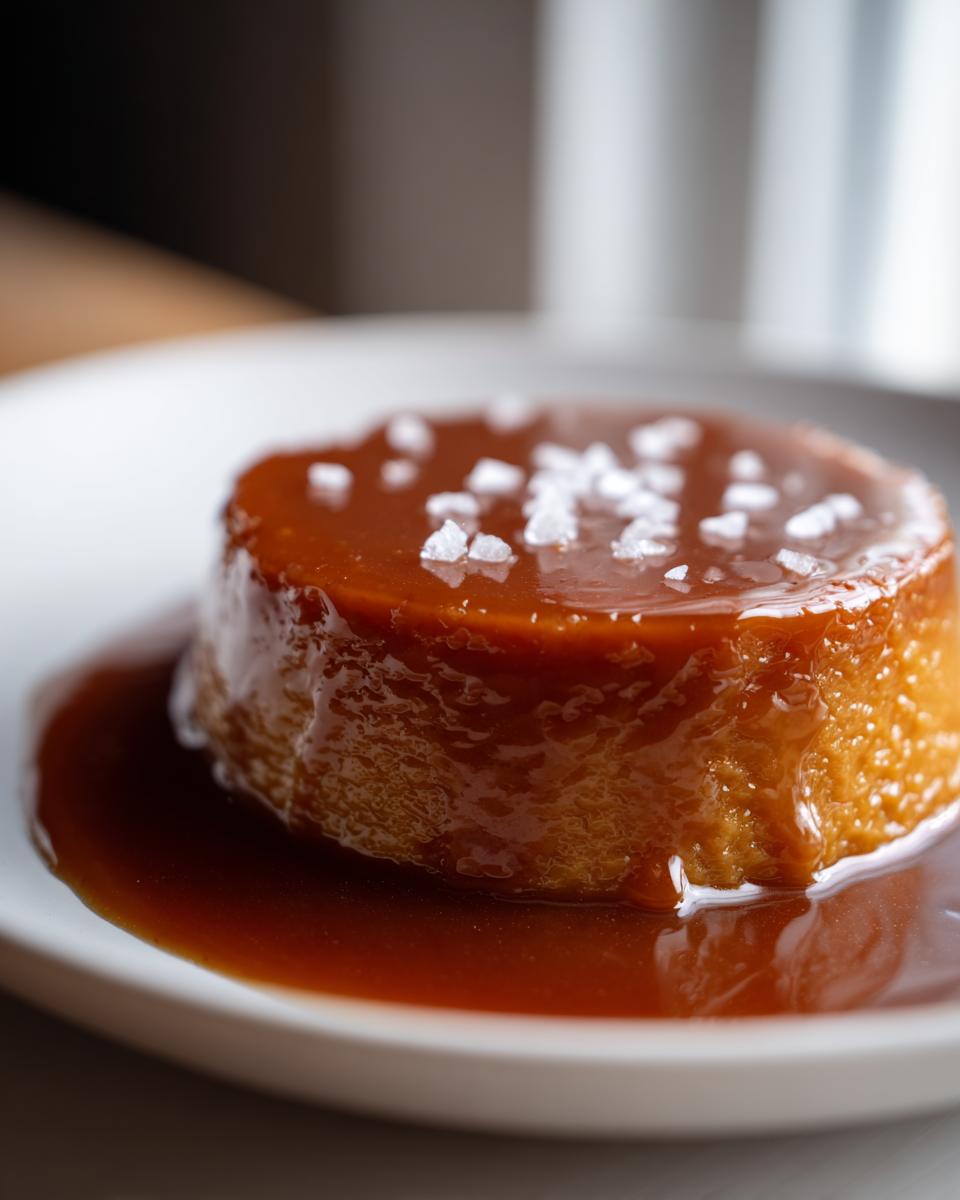 Close-up of a flan or custard dessert generously topped with rich caramel sauce and flaky sea salt.