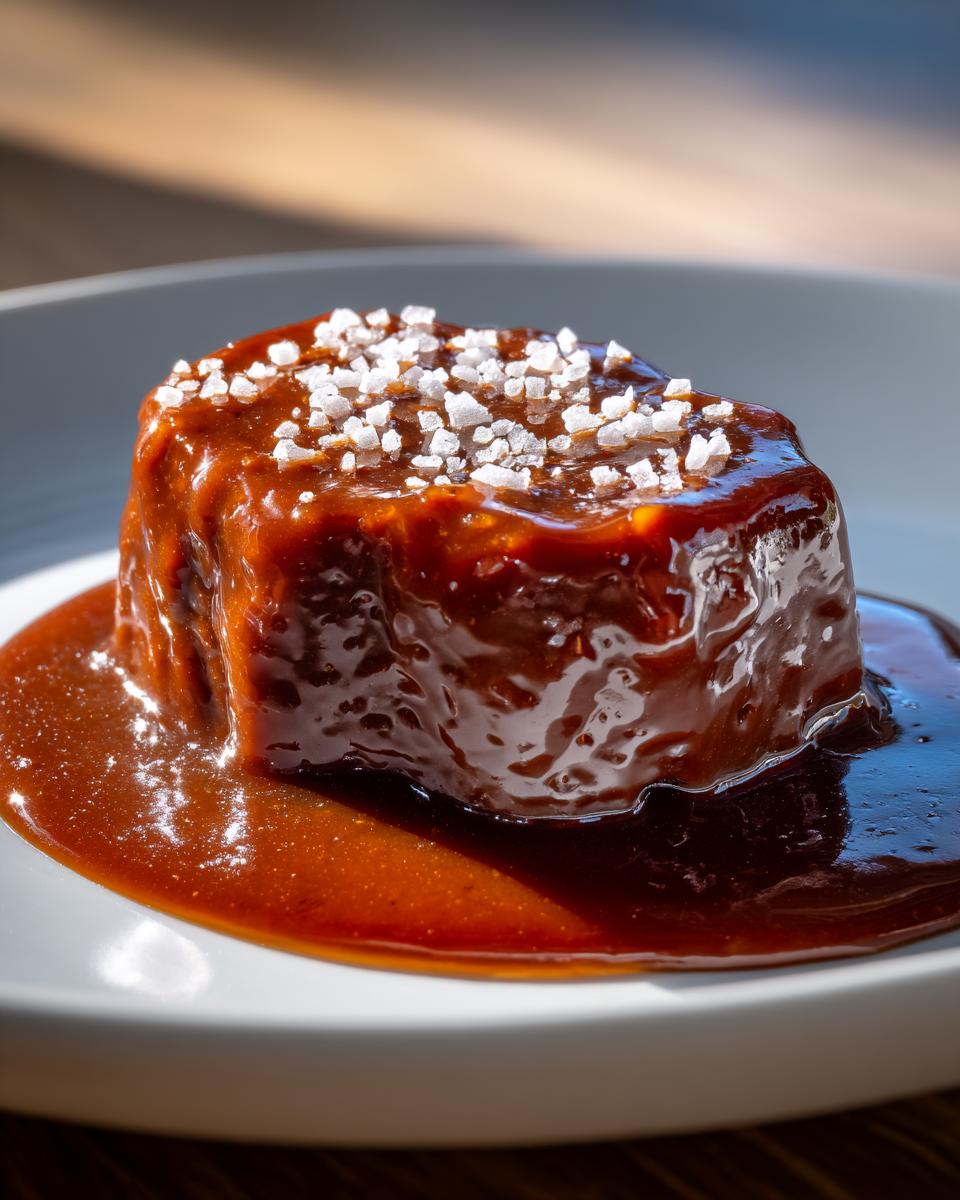 Rich, thick salted caramel sauce generously coating a small dessert, topped with flaky sea salt.