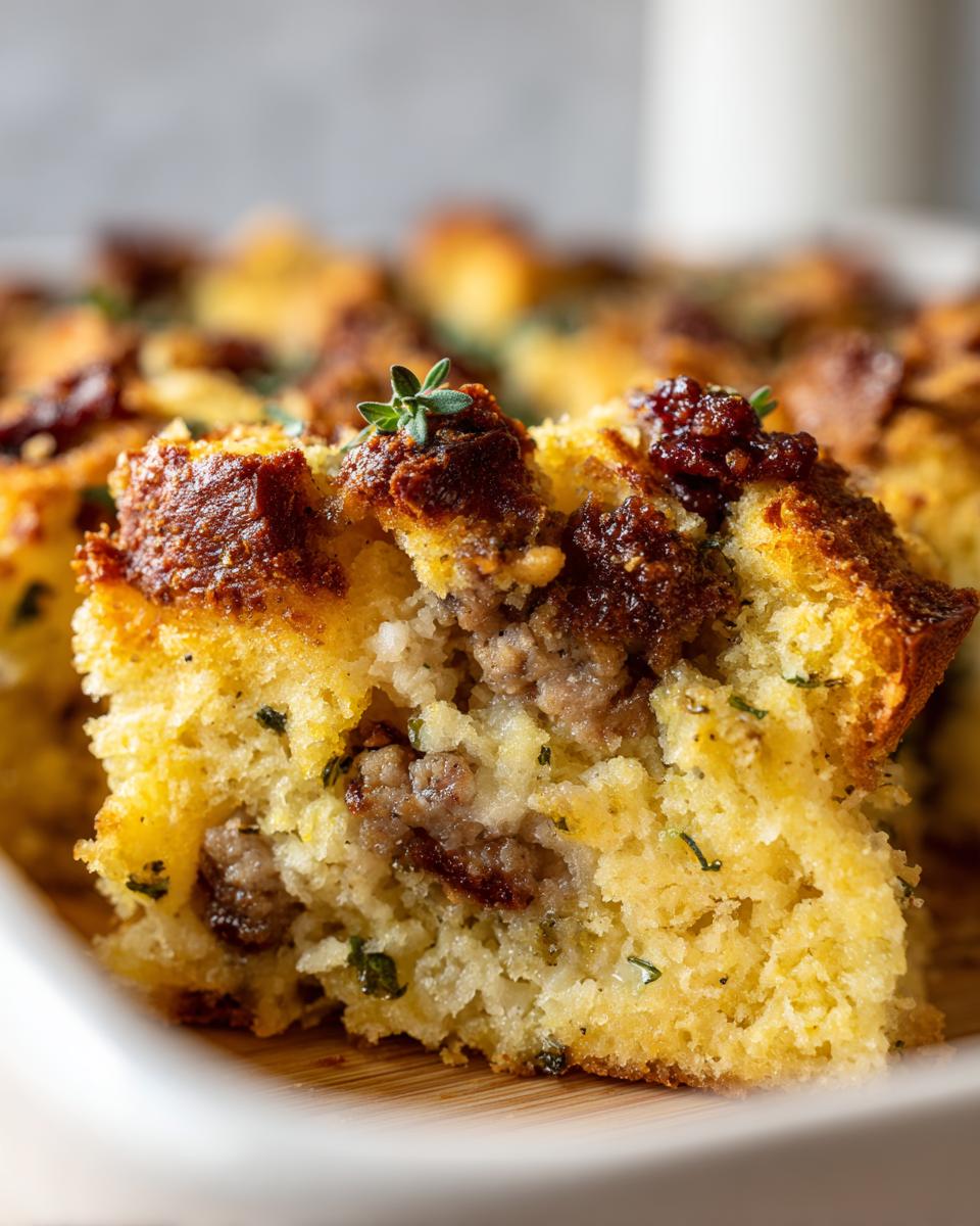 A close-up, cross-section view of a piece of savory cornbread stuffing mixed with sausage and herbs.