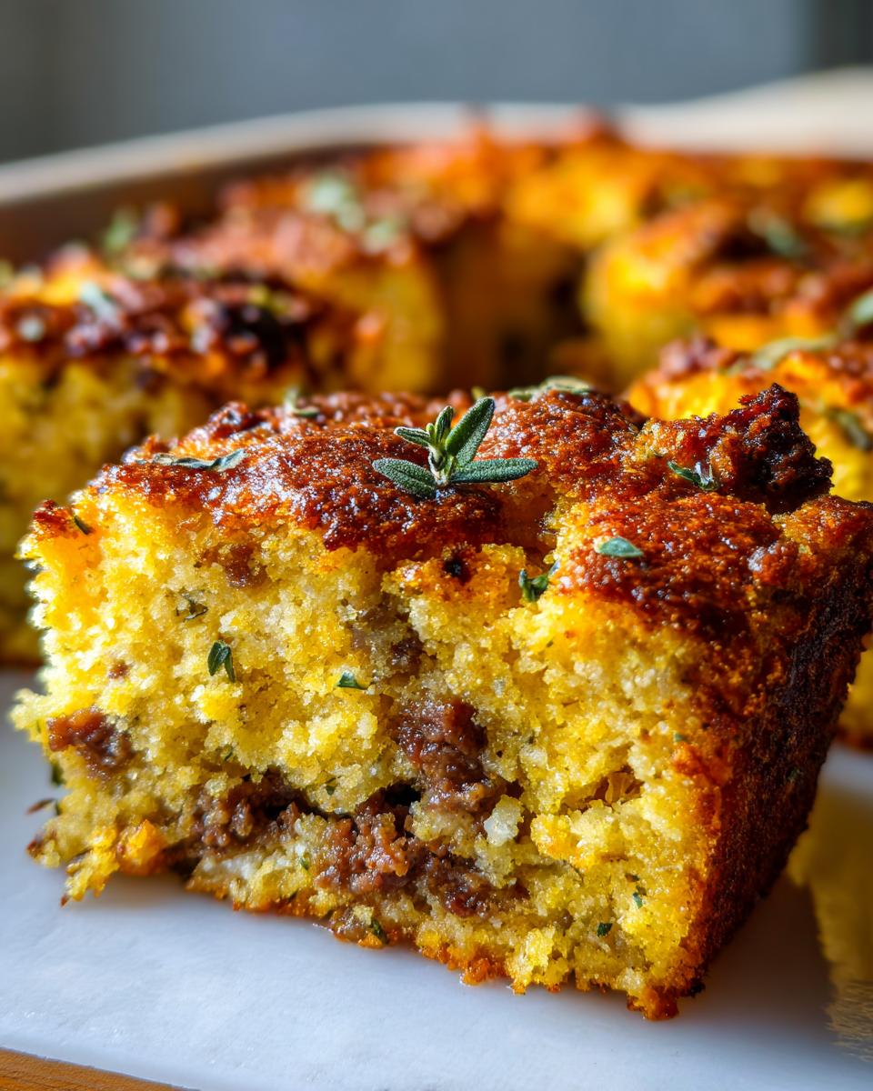 A close-up slice of moist cornbread stuffing featuring a savory sausage layer, garnished with fresh thyme.